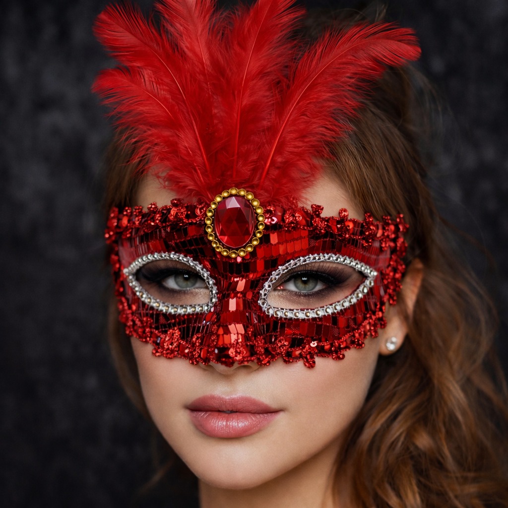 Lüks Kırmızı Tüylü Taşlı Balo Maskesi