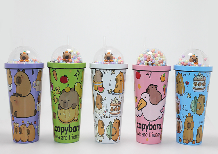 Sevimli Kapibara Pipetli Boncuklu Termos & Suluk