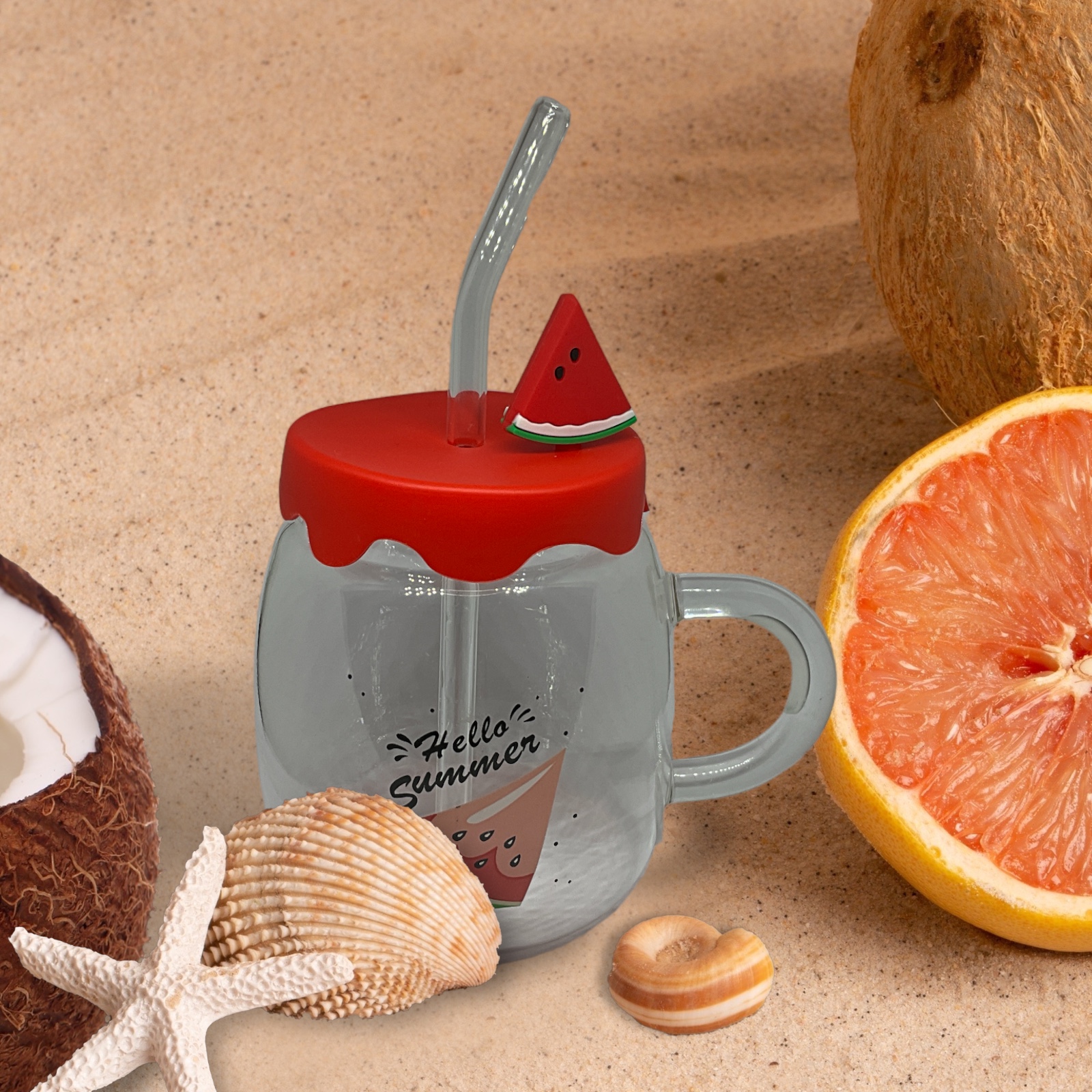 Karpuz Tasarımlı  Cam Kupa Bardak - 450 ml - Silikon Kapaklı - Pipetli