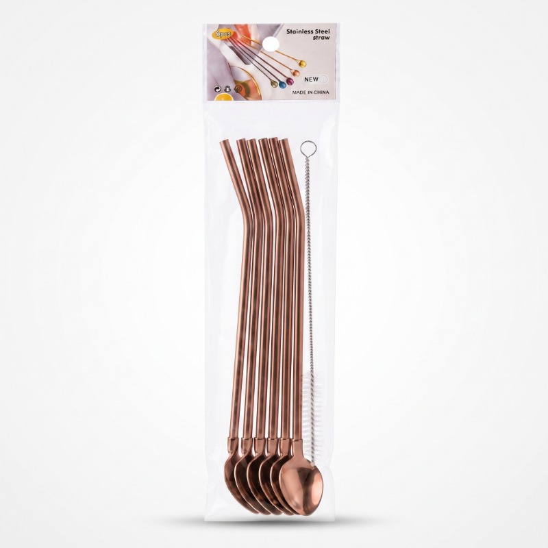 6'lı Kaşıklı Pipet Seti - Bronz - Pipet Temizleme Fırçası