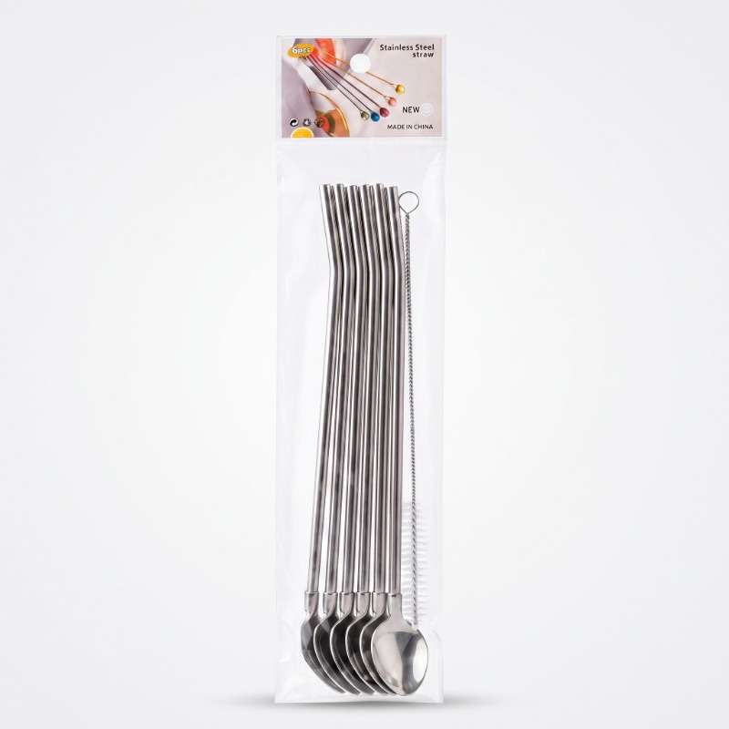 6'lı Kaşıklı Pipet Seti - Metal - Pipet Temizleme Fırçası